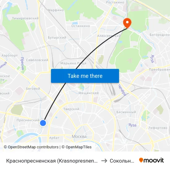 Краснопресненская (Krasnopresnenskaya) to Сокольники map