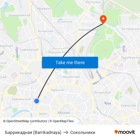 Баррикадная (Barrikadnaya) to Сокольники map