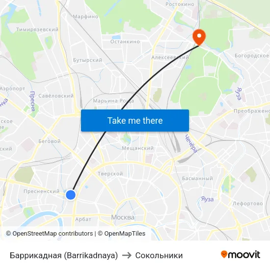 Баррикадная (Barrikadnaya) to Сокольники map