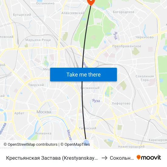 Крестьянская Застава (Krestyanskaya Zastava) to Сокольники map