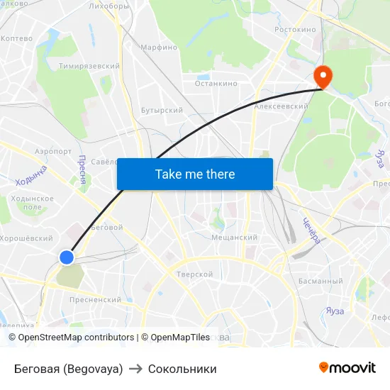 Беговая (Begovaya) to Сокольники map