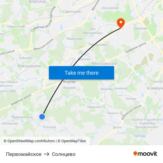 Первомайское to Солнцево map