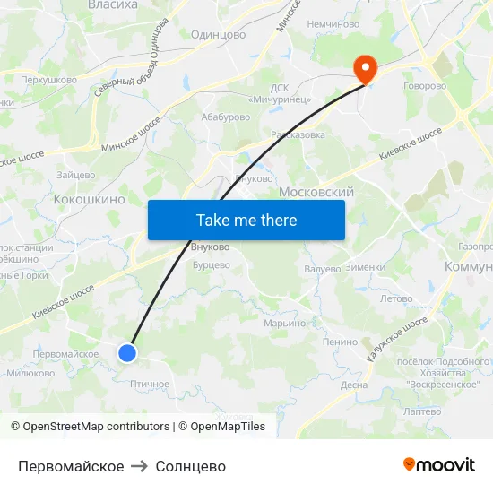 Первомайское to Солнцево map