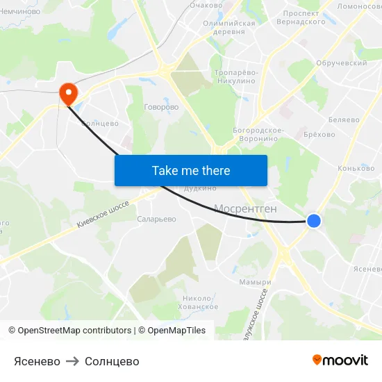 Ясенево to Солнцево map