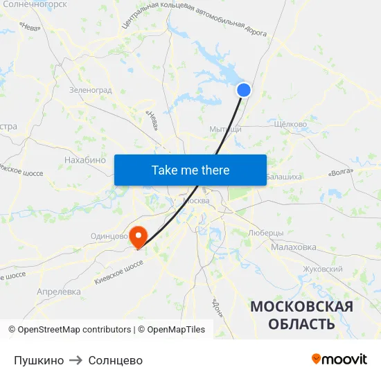 Пушкино to Солнцево map