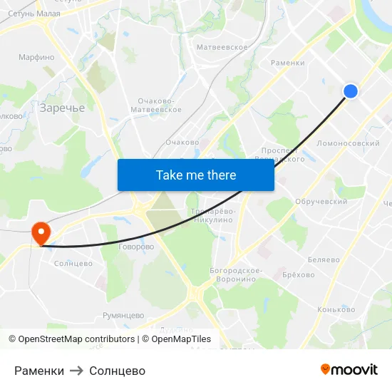 Раменки to Солнцево map