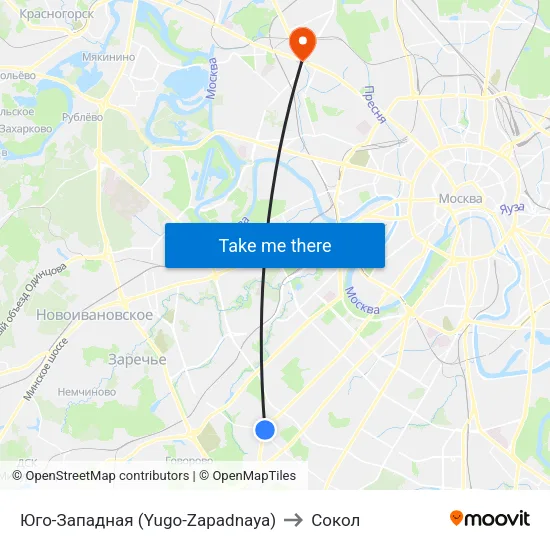Юго-Западная (Yugo-Zapadnaya) to Сокол map