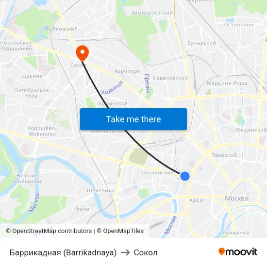 Баррикадная (Barrikadnaya) to Сокол map