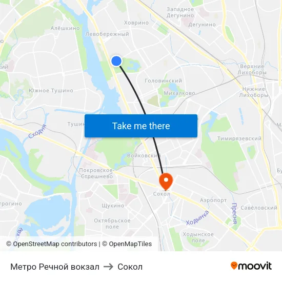 Метро Речной вокзал to Сокол map