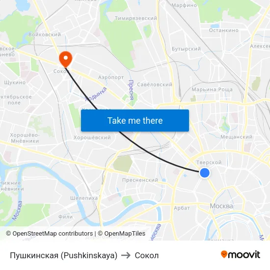 Пушкинская (Pushkinskaya) to Сокол map
