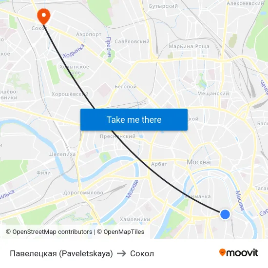 Павелецкая (Paveletskaya) to Сокол map