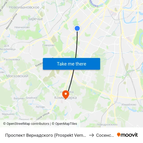 Проспект Вернадского (Prospekt Vernadskogo) to Сосенское map