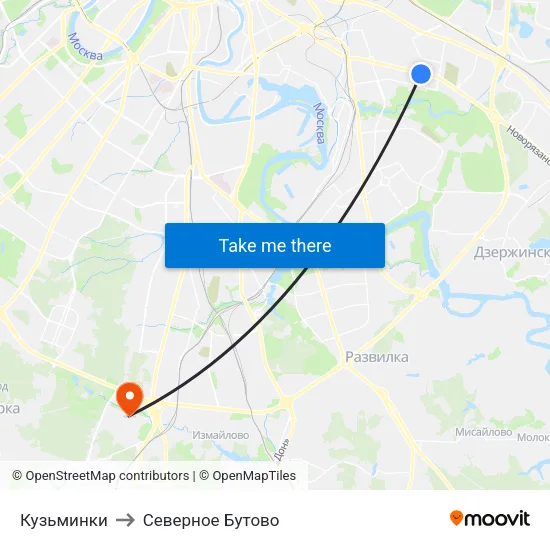 Кузьминки to Северное Бутово map