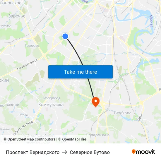 Проспект Вернадского to Северное Бутово map