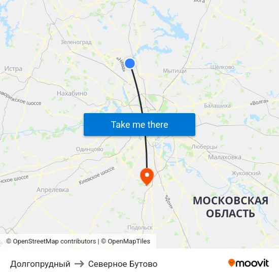 Долгопрудный to Северное Бутово map