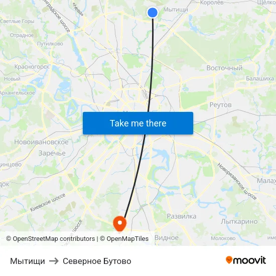 Мытищи to Северное Бутово map