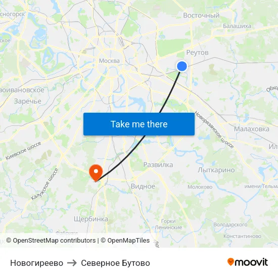 Новогиреево to Северное Бутово map