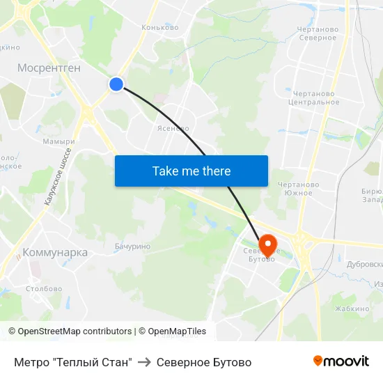 Метро "Теплый Стан" to Северное Бутово map