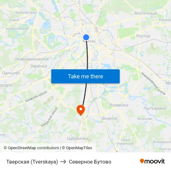 Тверская (Tverskaya) to Северное Бутово map