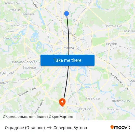 Отрадное (Otradnoe) to Северное Бутово map