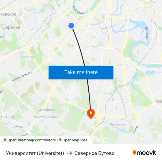 Университет (Universitet) to Северное Бутово map