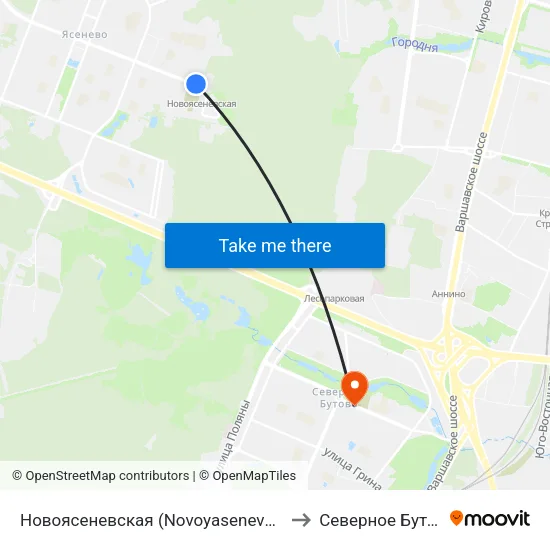Новоясеневская (Novoyasenevskaya) to Северное Бутово map