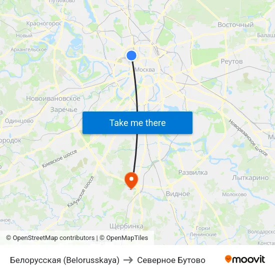 Белорусская (Belorusskaya) to Северное Бутово map