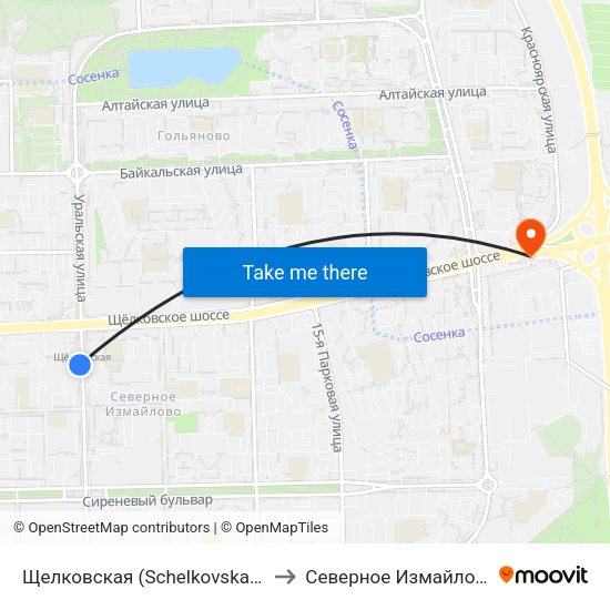 Щелковская (Schelkovskaya) to Северное Измайлово map