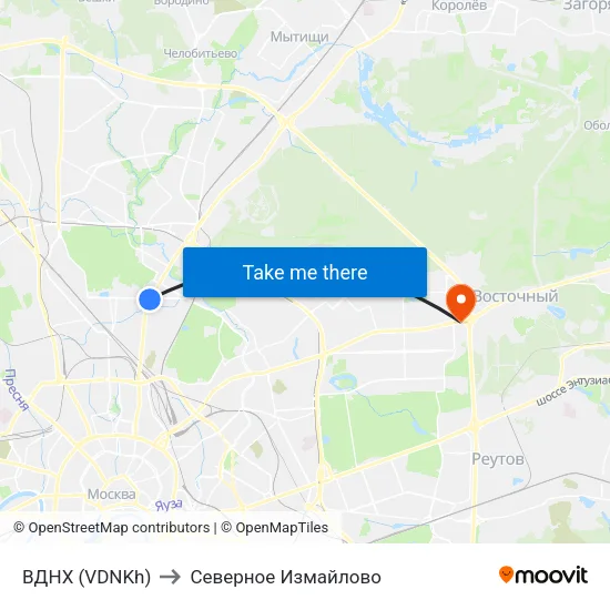 ВДНХ (VDNKh) to Северное Измайлово map