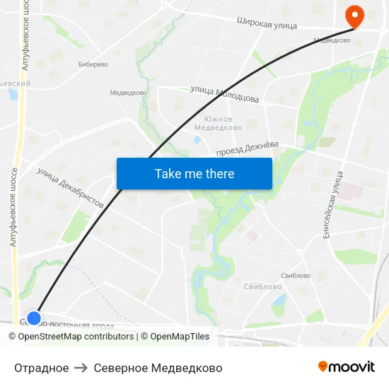 Отрадное to Северное Медведково map