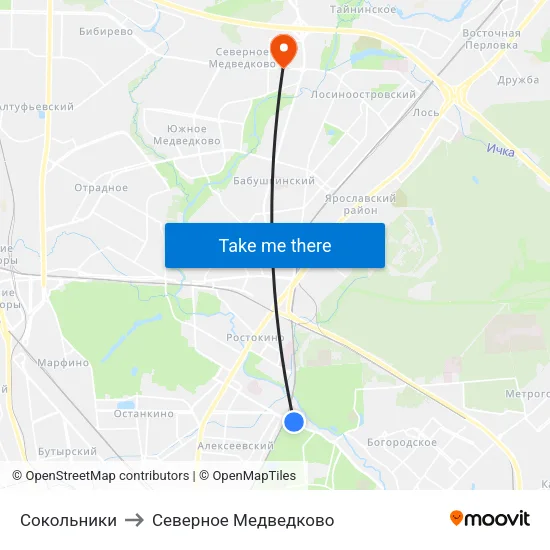 Сокольники to Северное Медведково map