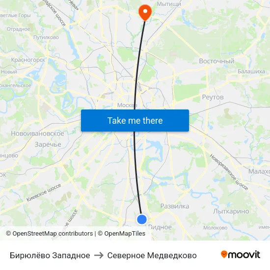 Бирюлёво Западное to Северное Медведково map