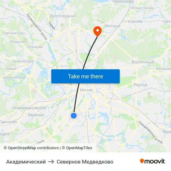 Академический to Северное Медведково map