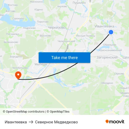 Ивантеевка to Северное Медведково map