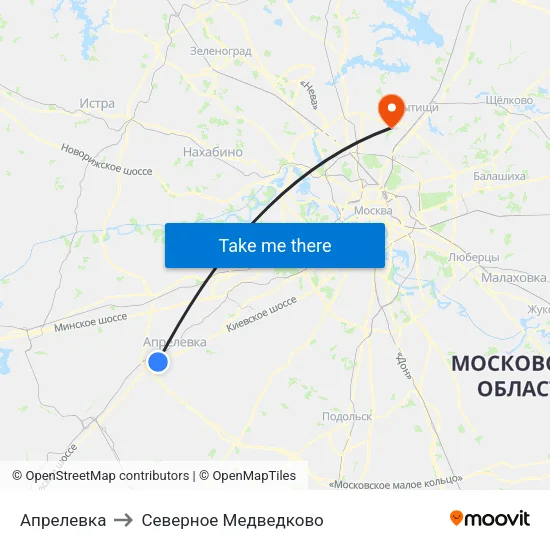Апрелевка to Северное Медведково map