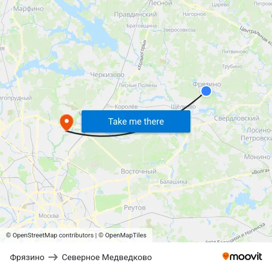 Фрязино to Северное Медведково map
