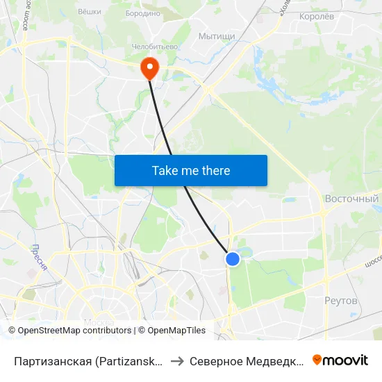 Партизанская (Partizanskaya) to Северное Медведково map