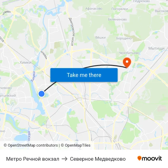 Метро Речной вокзал to Северное Медведково map