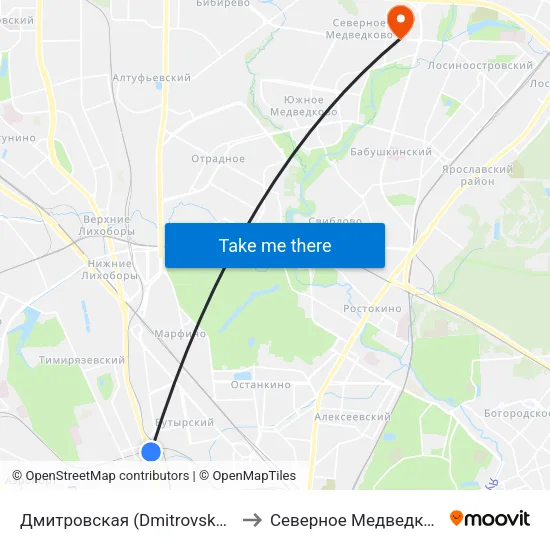 Дмитровская (Dmitrovskaya) to Северное Медведково map