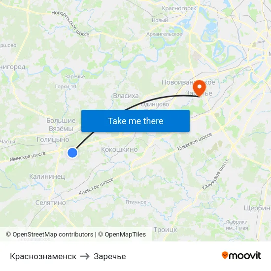 Краснознаменск to Заречье map