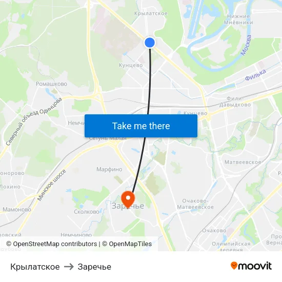 Крылатское to Заречье map