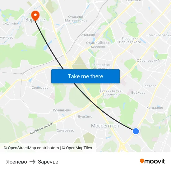 Ясенево to Заречье map