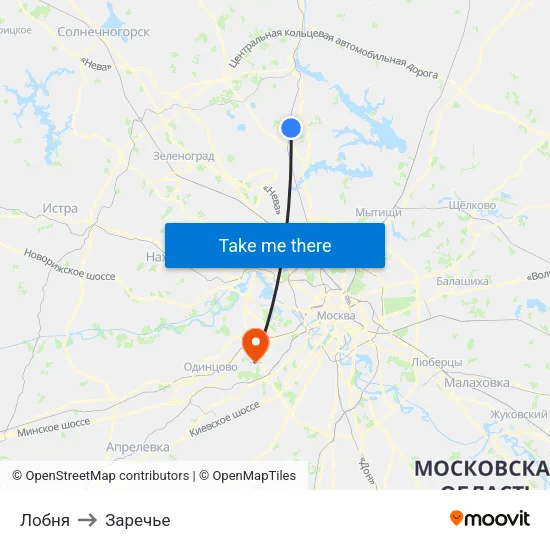 Лобня to Заречье map