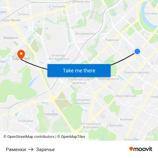 Раменки to Заречье map