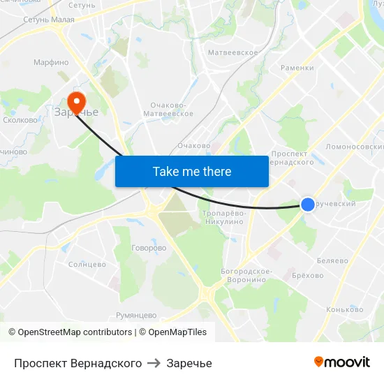 Проспект Вернадского to Заречье map