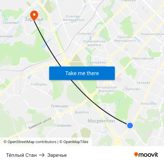 Тёплый Стан to Заречье map
