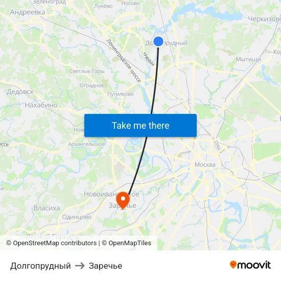Долгопрудный to Заречье map