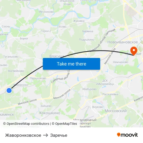 Жаворонковское to Заречье map