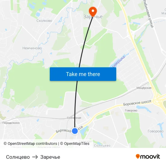 Солнцево to Заречье map