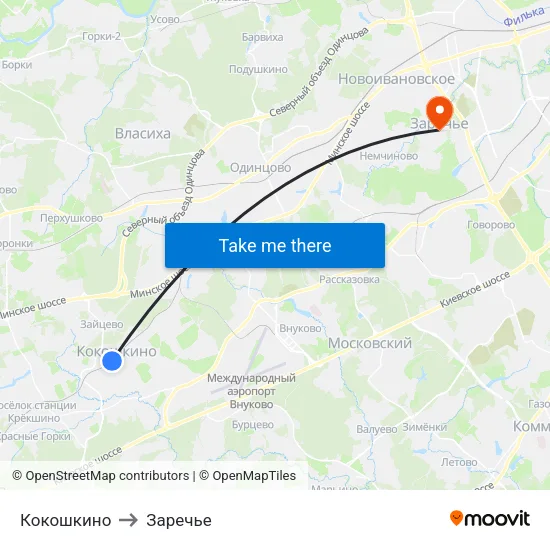 Кокошкино to Заречье map